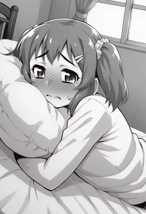 monochrome,  grayscale, <lora:katou_jun_v3_mixed_32_4_3600 xl:1>
break
1girl, bed, blush, futon, hair ornament, hair scrunchie, ...