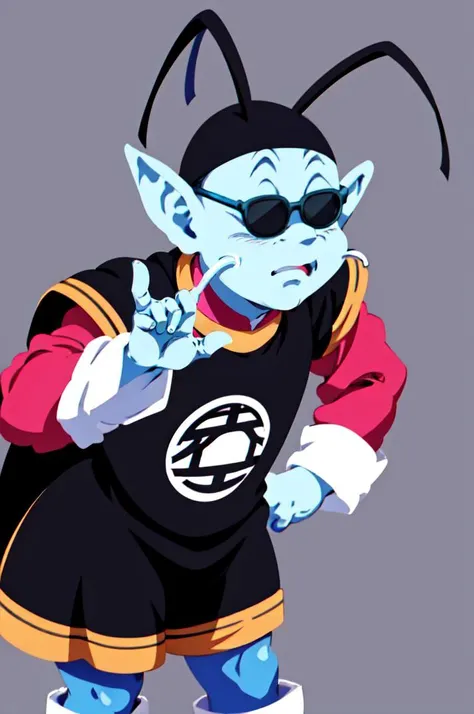 kaio,1boy,solo,cowboy shot,light blue skin, antennae, whiskers,pointy ears,black tunic, black hat, kanji, magenta shirt,(sunglasses),long sleeves,looking at viewer,<lora:kaio_v1:0.7> , flat color, solo, masterpiece, best quality,  8k,  <lora:Minimalist:1.1...