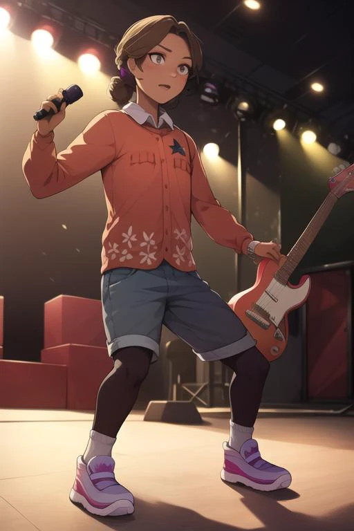 <lora:fnaf cassie-06:1> cassie, full body, standing on stage, concert, playing guitar, holding orange remote, detailed background, detailed shading, detailed ambient light, detailed background, masterpiece,