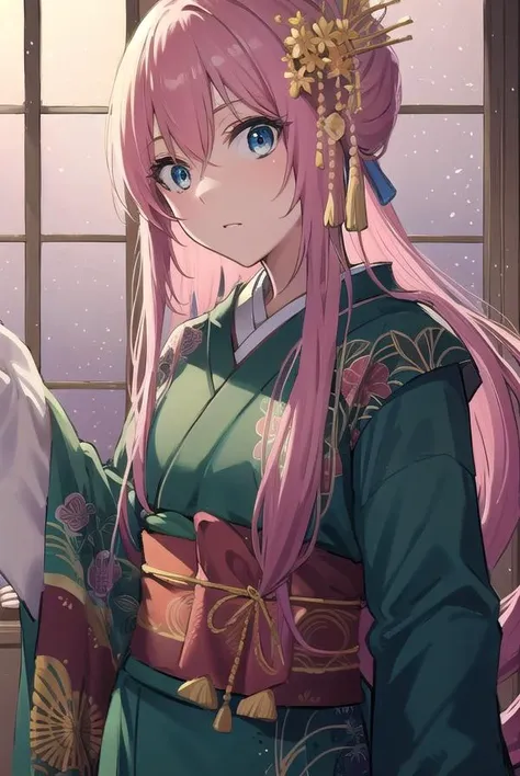 a close up of a person with pink hair and a green dress