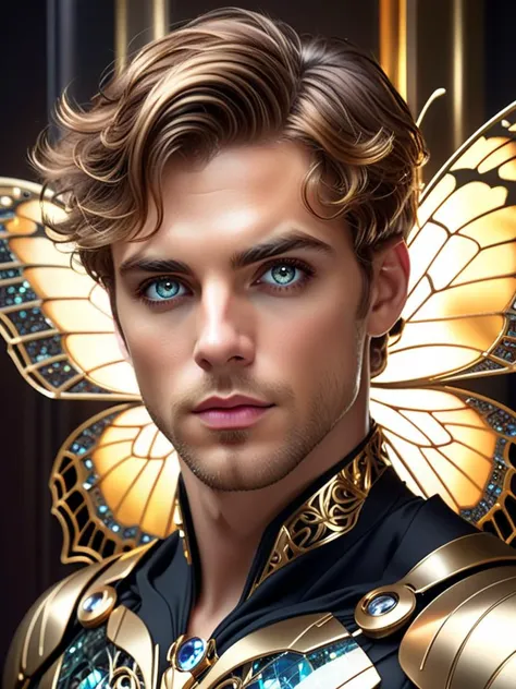 a close up of a man with a butterfly wings on his head