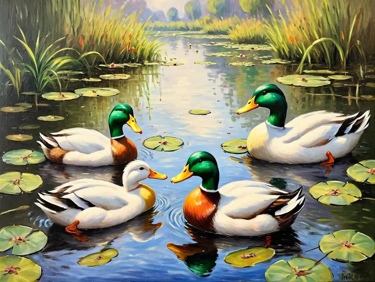 painting of ducks in a pond with lily pads and water lillies