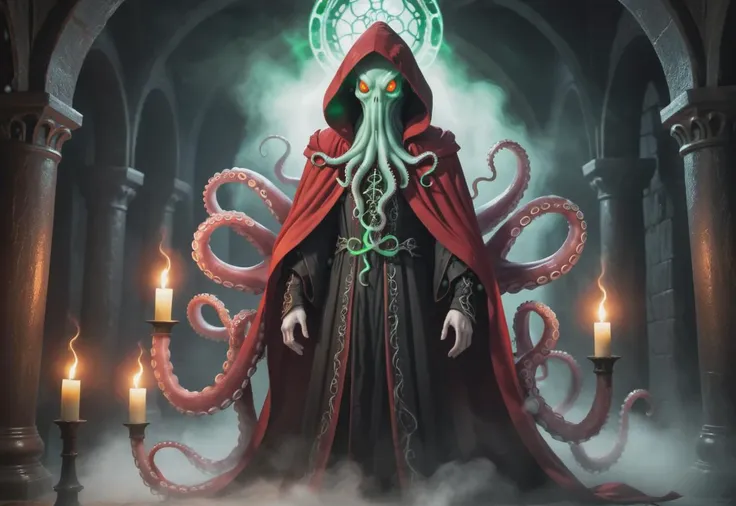 a tall evil slender humanoid in black robe, red cloak, octopus head with four tentacles from his mouth, green glowing eyes, magic lights, dungeon, candles, fog, torchlight