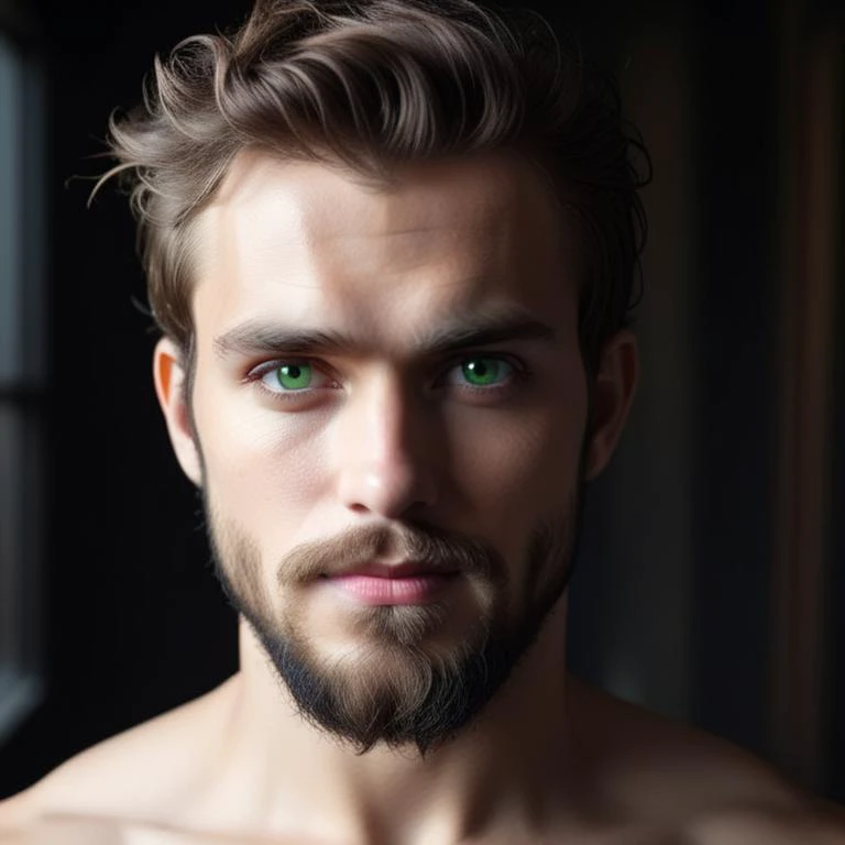 a close up of a man with a beard and green eyes