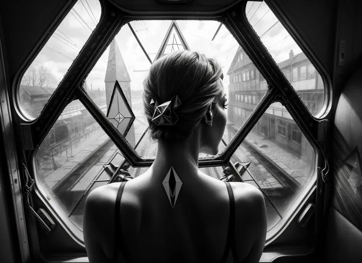 three cornered window, back of head shot of (woman looking out of triangle window:1.1), 3rd person, Looking out the triangular window of a (train:1.1) with triangular windows, triangular windows and triangular, wheels,  in a fantasy world, 
psychedelic, ge...