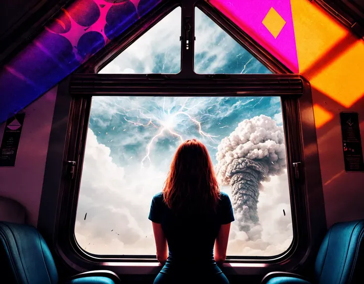 three cornered window, back of head shot of (woman looking out of triangle window:1.1), 3rd person, Looking out the triangular window of a (train:1.1) with triangular windows, triangular windows and triangular, wheels,  in a fantasy world, 
psychedelic, ge...