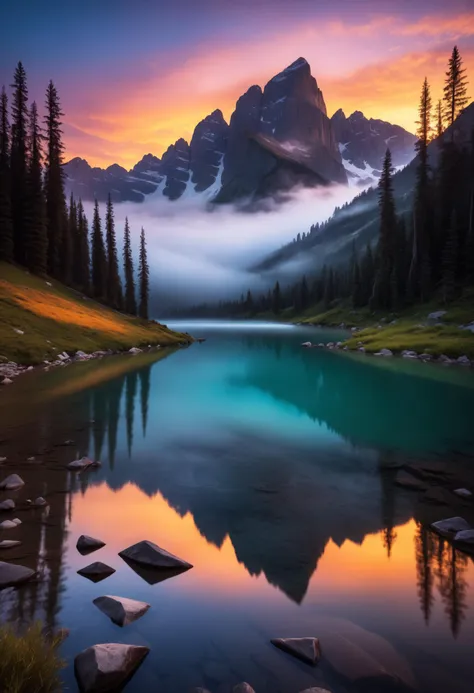 The image captures a breathtaking sunset over a vast and tranquil landscape. The sky is a canvas of warm hues, transitioning seamlessly from deep shades of violet and indigo near the horizon to vibrant streaks of orange, pink, and gold that dance across th...