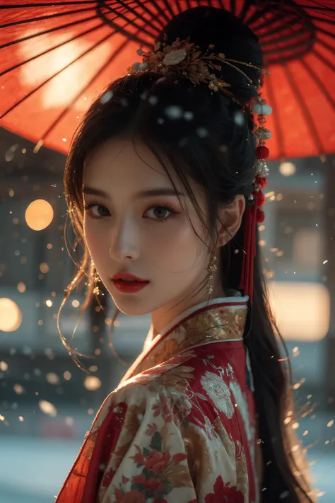 Warm Snow,1girl,solo,umbrella,oil-paper umbrella,blurry,looking at viewer,hair ornament,red lips,upper body,black hair,chinese clothes,depth of field,lips,blurry background,realistic,bokeh,makeup,lipstick,
best quality,masterpiece,illustration,an extremely...