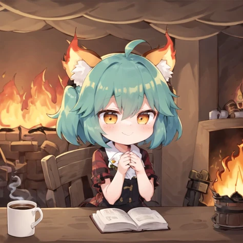 thisisfine, 1girl, cornflower hair, front braid, crossed_arms, table, coffee_mug, steaming coffee, cute, dog_ears, staying posit...