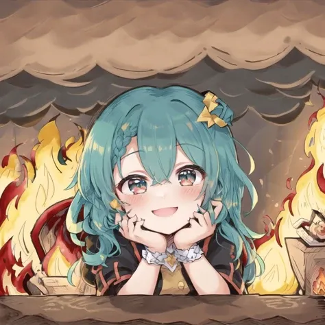 thisisfine, 1girl, teal hair, multiple braids, cute, staying positive, smiling, surrounded by flames, fire, sitting  <lora:thisi...