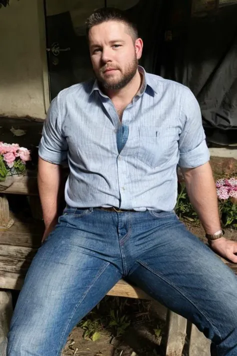 <lora:Chubby_man:0.8> man, facial hair, collared shirt, jeans, sitting on a park bench