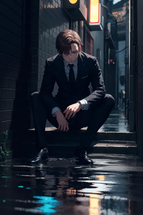 1boy, solo, sitting, wet clothes, wet, puddles, rain, looking down, brown hair, official style, office suit, black shoes, outdoors, night, cyberpunk, alley, holo sign, neon lights, reflective floor, ripples,