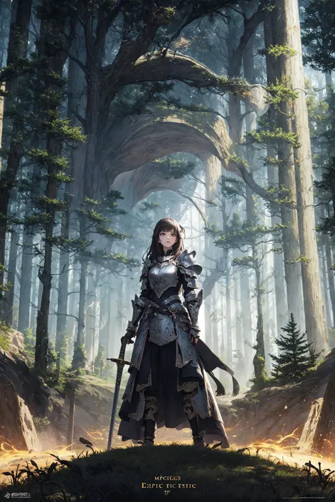 fantasy, epic, movie poster-style illustration, a girl standing in armor, with a dynamic and magical background, featuring prominent and well-designed typography elements, standing, confident, determined, wielding a sword, epic title, magical forest, glowi...