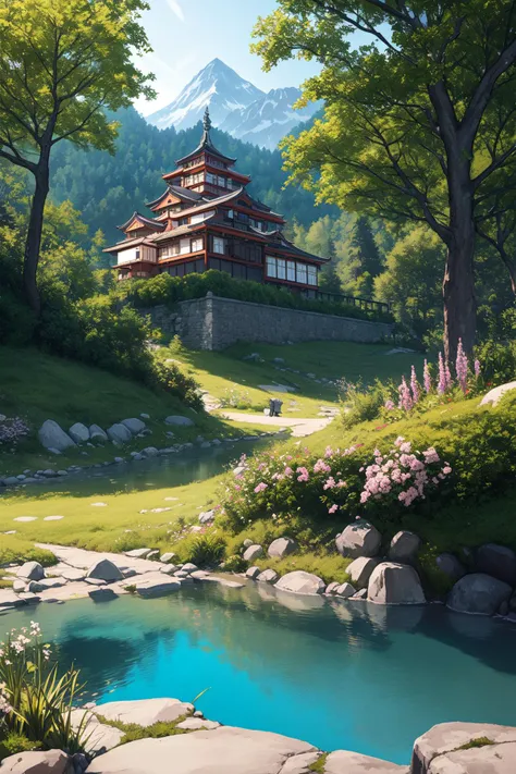 A landscape of a japanese castle in distance with cherry blossoms around, sakura, epic, 4k, hdr ( best_quality:1.2), mysterious atmosphere, (award-winning painting:1.3), flowers, masterpiece, solo, wonder, a medieval village in switzerland with river and p...