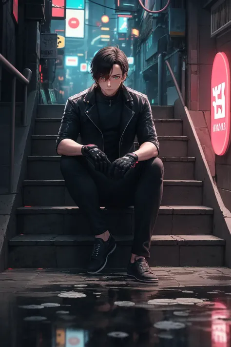 1boy, solo, mature, mature male, sitting, on stairs, stairs, black suit, shoes, looking down, eyes, (night, cyberpunk:1.2), puddle, rain, ripples, reflective floor, neon, neon sign, neon lights, arm support,