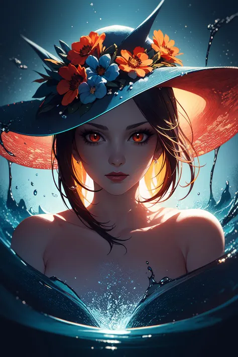 Portrait Of Young Woman Flower Hat, Makeup, Explosion Of Liquid Splash, Orange, blue, Highly Detailed, Fantasy Background, Illustration, Sharp Focus, Dramatic Lighting, Trending On Artstation, Cinematic, 8k, Concept Art, Elegant, Reflections