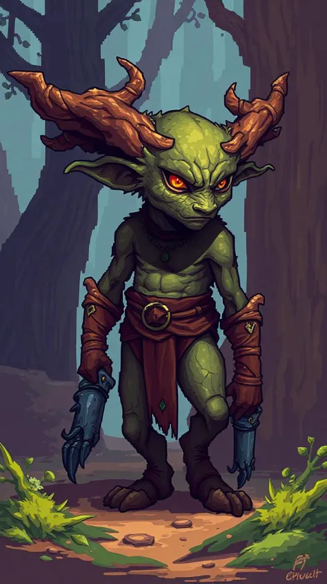 Glitchcore Art Style, retro game art pixel-art. A full body portrait in an early-medieval setting.
 - A Grovekin, stout little guardians of the forest with bark-like skin. They protect the woods from harm and are known for their wisdom.
dynamic, dramatic, ...