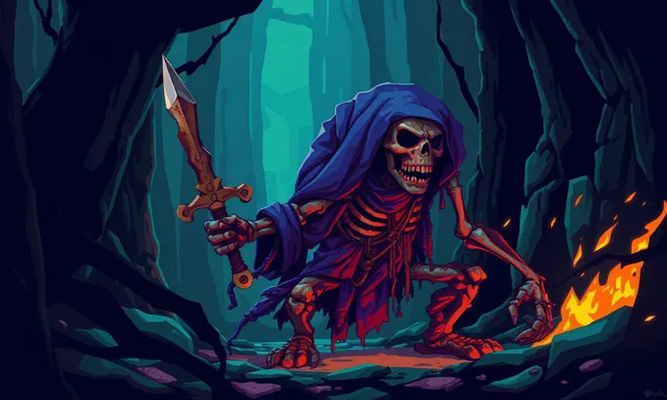 Glitchcore Art Style, retro game art pixel-art. In a medieval setting.
A skeletal kobold, wrapped in tattered rags, its bones rattling as it shuffles through the darkness, clutching a rusty dagger.
dynamic, dramatic, (vibrant:1.2), (vibrant colors:1.3), me...