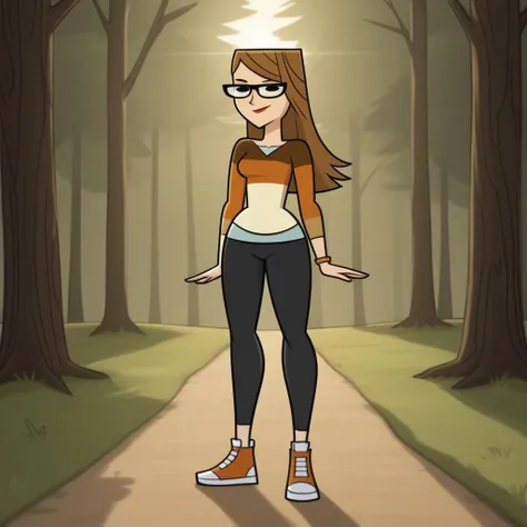 score_9, score_8, BREAK, solo, 1girl, multicolored long sleeves, undershirt, leggings, glasses, brown hair, long hair, black eyes, sneakers, breasts, total drama, Mary_(Total_Drama), tdtrr, cute, bracelet, sexy pose, smile, outdoors, sunlight, shadows, eve...