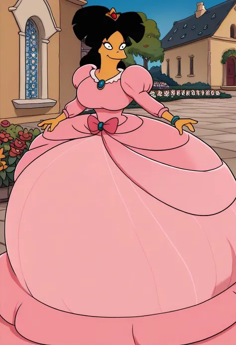 score_9, score_8_up, score_7_up, score_6_up, garden, castle garden, solo, 1 girl, long hair, makeup, huge breasts, huge hips, huge Pink rococo princess ball gown, hoop skirt, huge pannier skirt, ball gown hoop skirt, Pink princess dress, hoopdress, my big ...