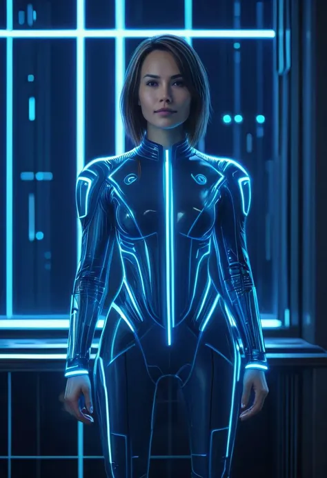 (lexa doig:0.9) as a cute hyperintelligent curvy cyberspace warrior, age-28, (smirking), perfectly engineered, scifi pointy scooped bob haircut, glowing glowneon white porcelain wetsuit covered in intricately detailed circuit lines, futuristic fashion, squ...