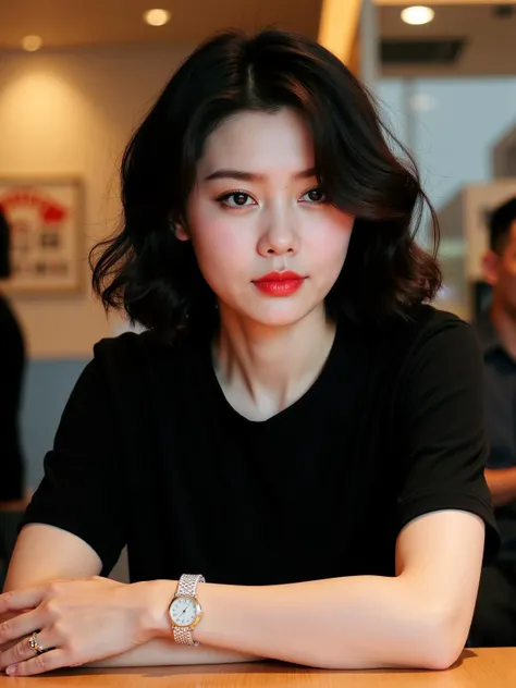 a woman with short black hair, inspired by Wang Wu, black t shirt, messy shoulder-length dark hair, natural makeup, beautiful female android, Food Court, prefect symmetrical face, elaine, twitter pfp, long curly hair, 165 cm tall, thin, infp girl,((detaile...