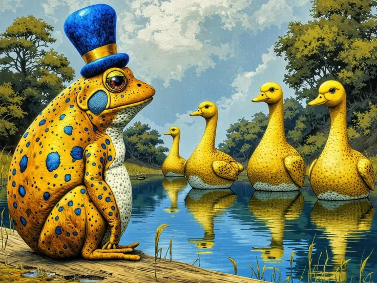 yeblu, A frog in a tiny top hat attempting to serenade a group of uninterested ducks by the pond