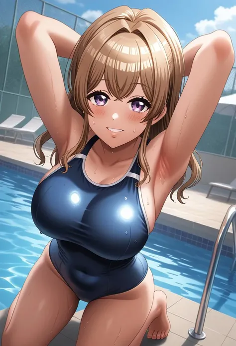 ultra detailed, highres, best quality, masterpiece, mana_kase, light brown hair, purple eyes,  looking at viewer, large breasts, school swimsuit, one-piece swimsuit, poolside, pool, armpits, sweat, smile, blush, barefoot, water