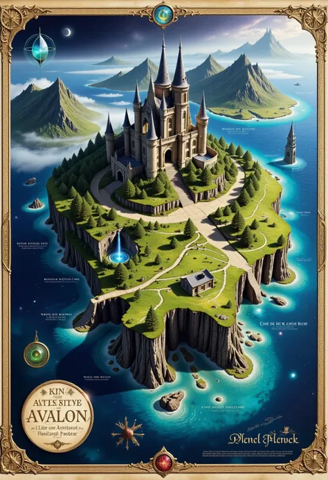 An intricate, magical map depicting the Isle of Avalon with a focus on King Arthurs Tomb. The map is highly detailed with ancient runes, mystical symbols, and glowing ley lines marking important locations. The landscape shows mist-covered hills, enchanted ...