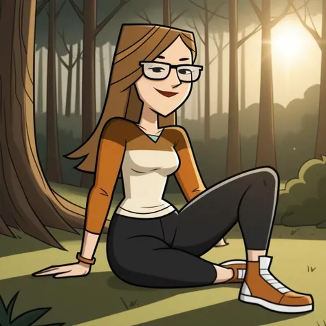 score_9, score_8, BREAK, solo, 1girl, multicolored long sleeves, undershirt, leggings, glasses, brown hair, long hair, black eyes, sneakers, breasts, total drama, Mary_(Total_Drama), tdtrr, cute, bracelet, sexy pose, smile, outdoors, sunlight, shadows, eve...