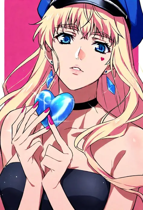 1girl, sheryl nome, macross frontier,bare_shoulders, black_choker, black_tube_top, blonde_hair, blue_eyes, blue_hat, choker, collarbone, dated earrings, facial_mark, glint, hands_up, hat heart, heart_facial_mark, holding jewelry, lips, long_hair, looking_a...