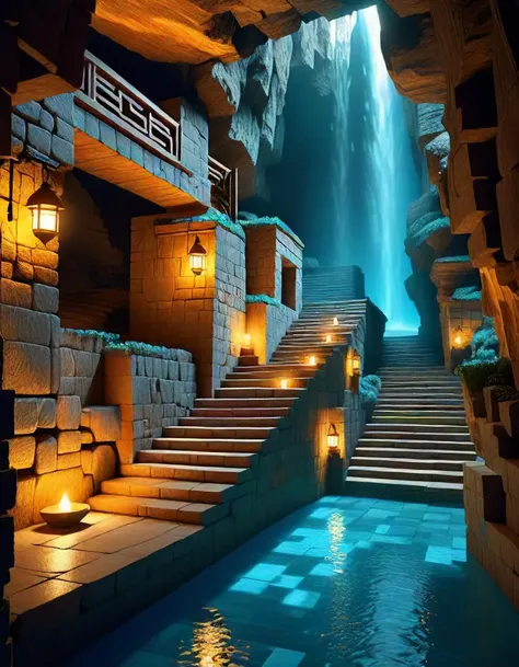 Low-angle digital illustration, (Pixelated underground scene:1.3), Layered composition, Cubic stone blocks, Wooden staircases, (Stone and wood textures:1.2), Alcoves carved into rock, Torches illuminating alcoves, Warm golden light from cubical lanterns, (...