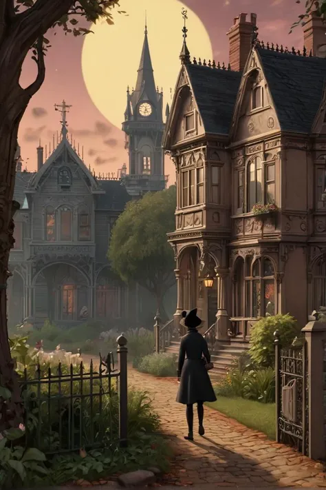 Annimation, in the style of the animated series [Over the Garden Wall], Victorian Aesthetic: "A Victorian-inspired scene with ornate details and a gothic atmosphere."