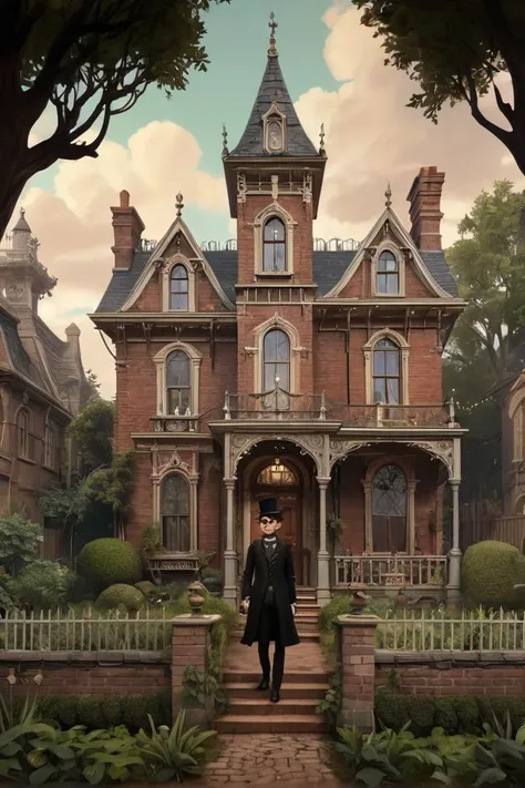 Annimation, in the style of the animated series [Over the Garden Wall], Victorian Aesthetic: "A Victorian-inspired scene with ornate details and a gothic atmosphere."