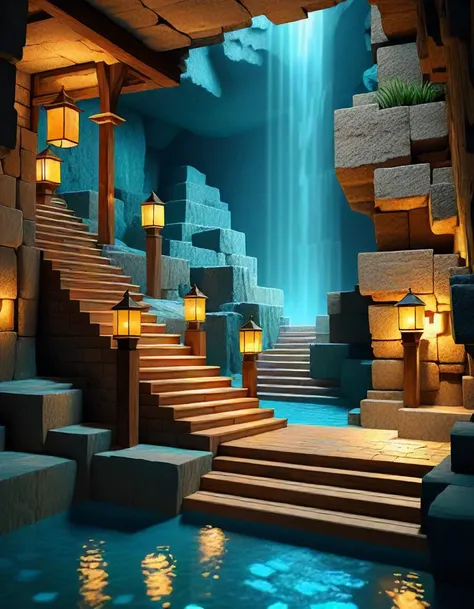 Low-angle digital illustration, (Pixelated underground scene:1.3), Layered composition, Cubic stone blocks, Wooden staircases, (Stone and wood textures:1.2), Alcoves carved into rock, Torches illuminating alcoves, Warm golden light from cubical lanterns, (...