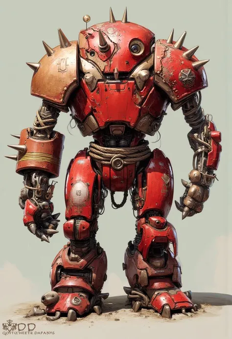 human-like robot, red and light brown paint, warn paint, lopsided arms, large spiked wrecking-ball for a hand, demolition robot, one large shoulder, other arm opens up to reveal a laser gun, two eyes on one side of his face and one on the other, 3 short an...