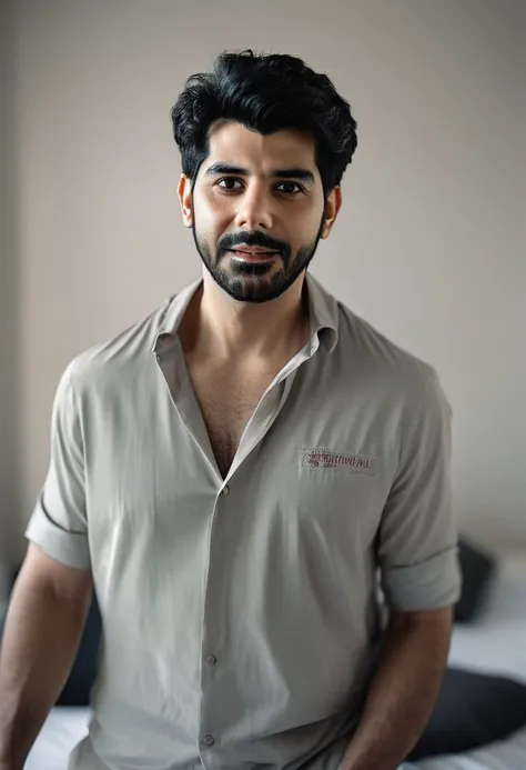 a close up of a man in a shirt standing on a bed