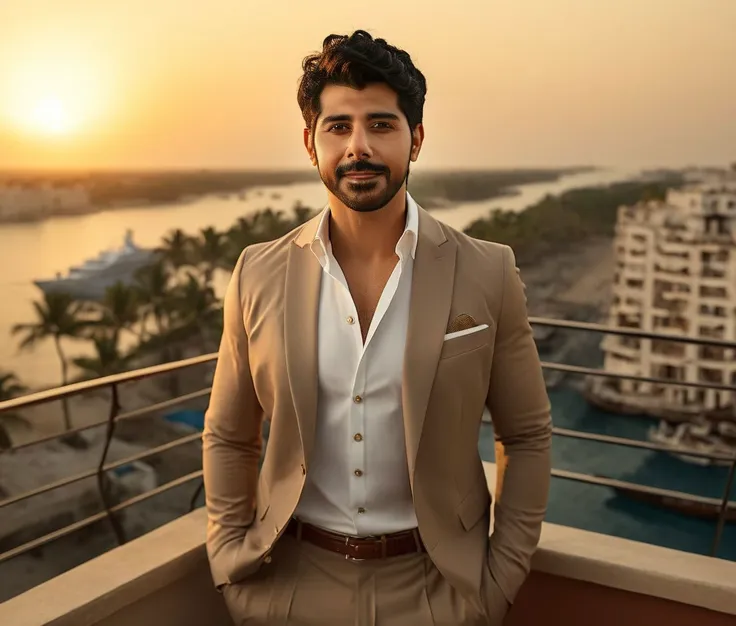 a man in a suit standing on a balcony overlooking a body of water