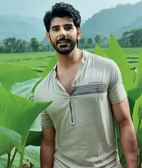 a man standing in front of a field of green plants