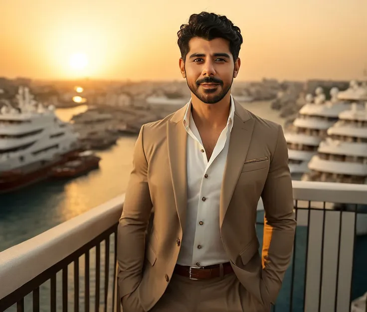 a close up of a man in a suit standing on a balcony