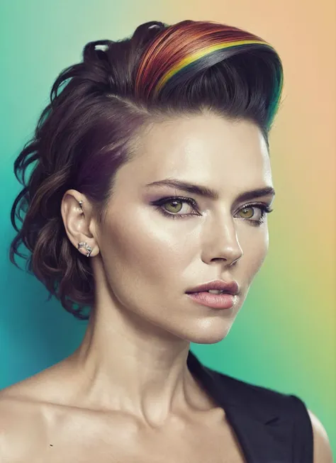 portrait of sks woman by Flora Borsi, style by Flora Borsi, bold, bright colours, rainbow Mohawk haircut, ((Flora Borsi)), <lora:locon_trieste_v1_from_v1_64_32:1.25>