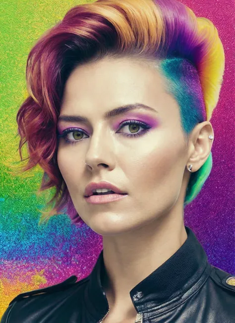 portrait of sks woman by Flora Borsi, style by Flora Borsi, bold, bright colours, rainbow Mohawk haircut, ((Flora Borsi)), <lora:locon_trieste_v1_from_v1_64_32:1.25>