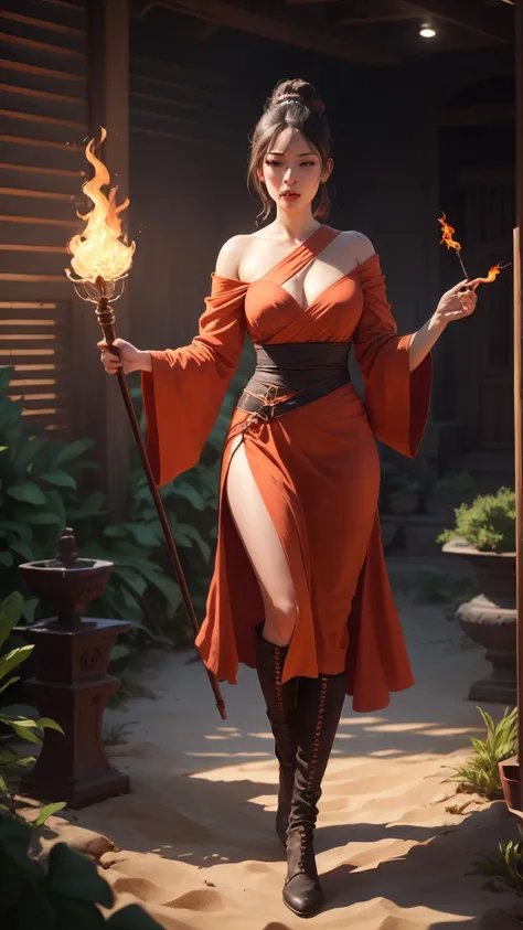 Adeline Flamestrike - A fire mage in fiery red and orange robes, wielding a staff with a blazing flame at its tip., in Zen Garden: Tranquil and meditative space with carefully raked sand, lush plants, and calming waters., Standing on one leg with the other...