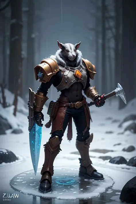 an awarded photography of Ikit Claw - A Skaven warlock engineer, adorned with mechanical augments and wielding a deadly warpfire thrower., at Glaze Ice: A thin, smooth layer of ice formed when rain freezes upon contact with cold surfaces. , masterpiece, ul...