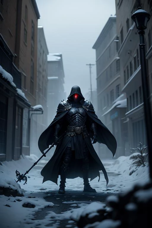 a man in a cloak and cape standing in the snow