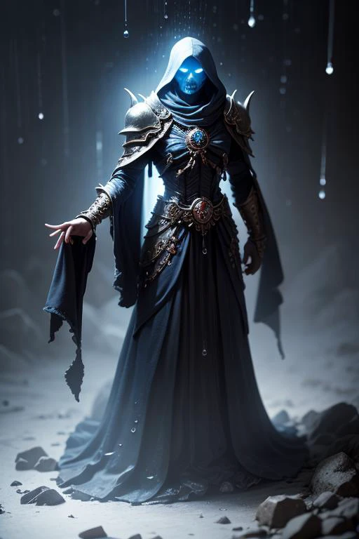 a woman in a blue robe and a hood standing in the snow