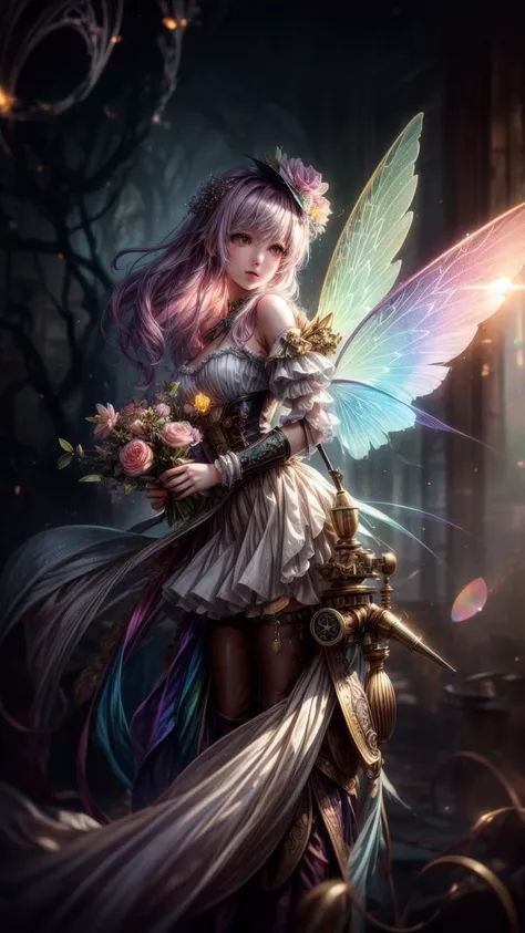 fine art masterclass splash spray trickle daubs of rainbow opaline Prisma Sakuraoil color,Steampunk celestial ethereal ghostly Fairy, HDR, ultra high-detail, centered, bokeh, lens flare, foggy dusk, bloom, light bloom, cinematic lighting, high dynamic rang...