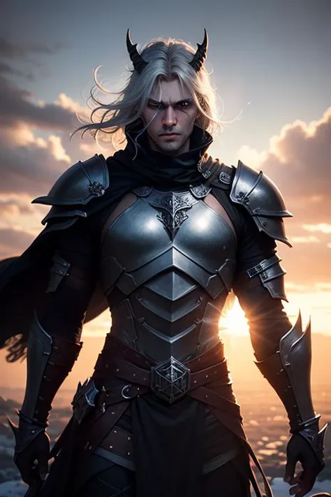 an awarded photography of Malus Darkblade - A brooding Dark Elf warrior with mismatched eyes, clad in enchanted black armor., at Sun Pillar: A vertical shaft of light extending upward from the sun, caused by ice crystals in the atmosphere. , masterpiece, u...