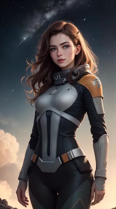 a woman in a futuristic suit standing on a rock