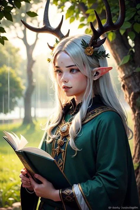 an awarded photography of Orion - A majestic Elven king of the forest, with antlered helm and adorned in leafy regalia., at Sunshower: Rainfall occurring while the sun is shining, creating a magical blend of rain and sunlight. , masterpiece, ultrasharp, de...